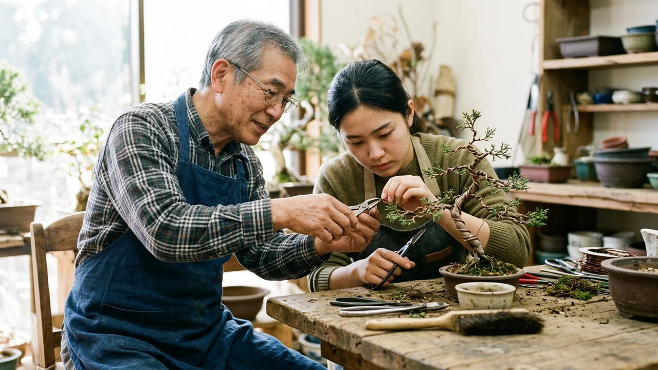 Observation attentive des bourgeons lors d'un atelier collectif du Bonsai-Club Montpellier